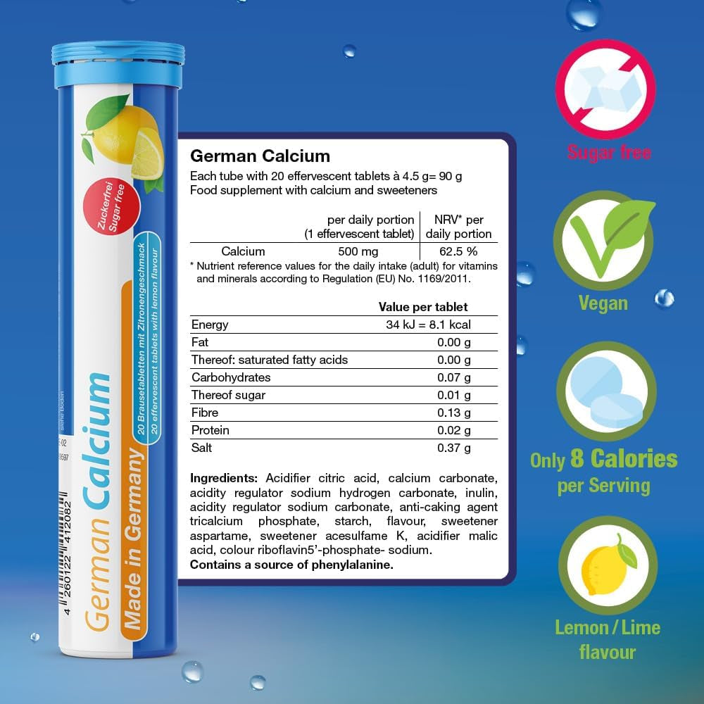 German Calcium 60 Drink Effervescent Tablets - Lemon Lime Flavour - 500 Mg Calcium, Sugarfree, Vegan- T&D Pharma – Made in Germany