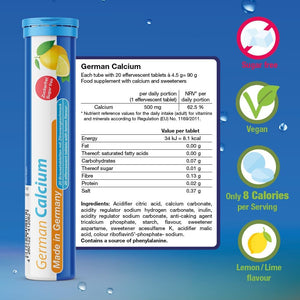 German Calcium 60 Drink Effervescent Tablets - Lemon Lime Flavour - 500 Mg Calcium, Sugarfree, Vegan- T&D Pharma – Made in Germany