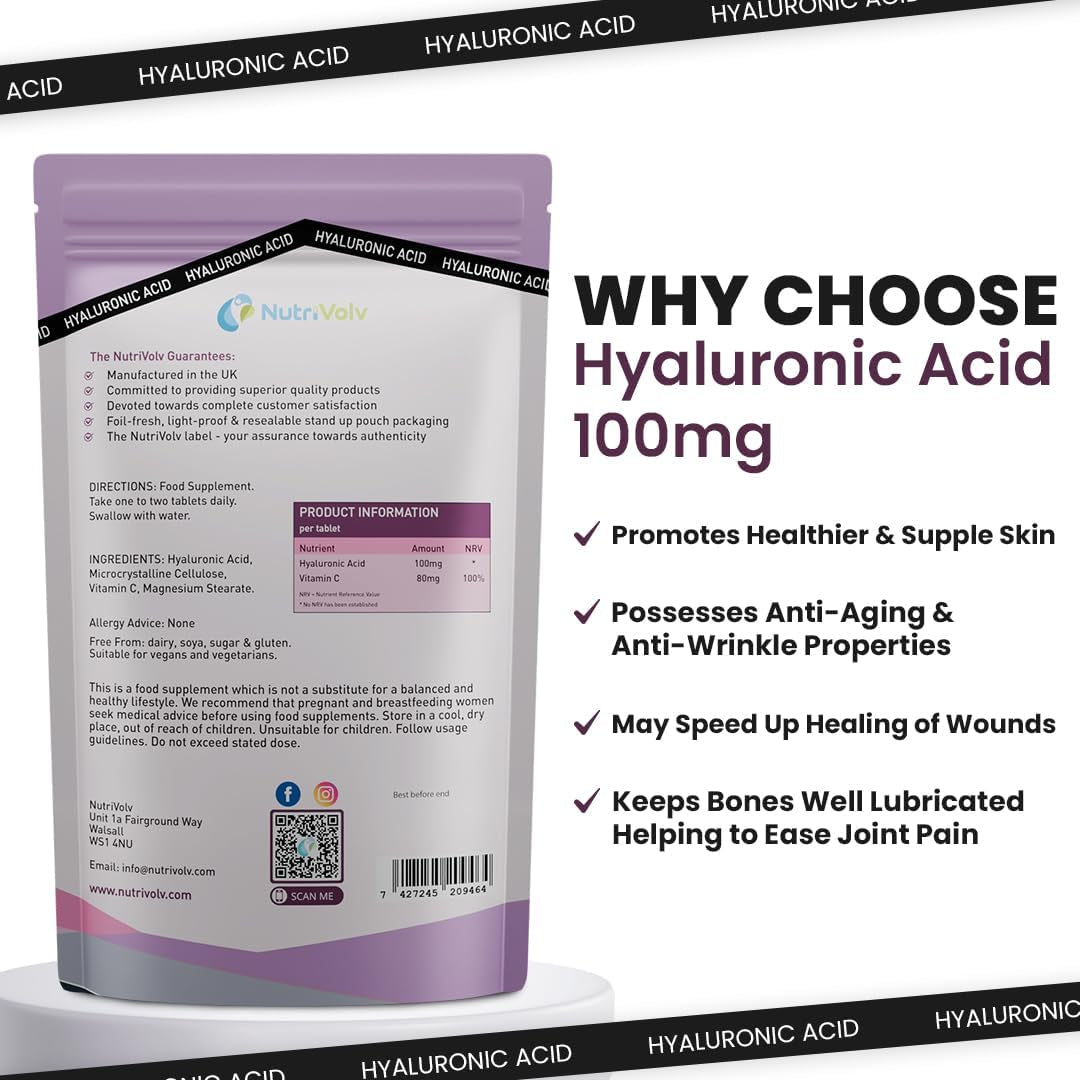 Hyaluronic Acid 100Mg & Vitamin C | 60 Tablets | Vegan | for Men & Women | Healthy Skin Bones anti Ageing | by Nutrivolv
