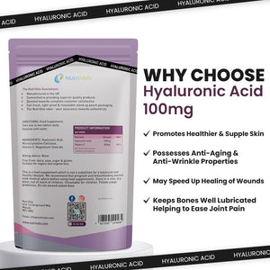 Hyaluronic Acid 100Mg & Vitamin C | 60 Tablets | Vegan | for Men & Women | Healthy Skin Bones anti Ageing | by Nutrivolv