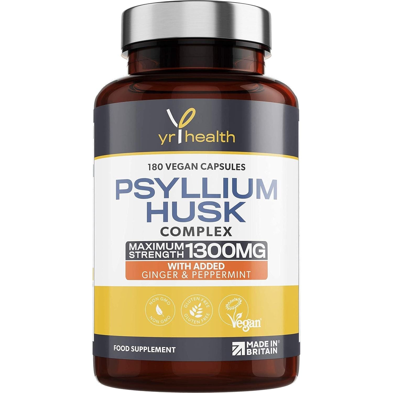 Psyllium Husks Capsules - 1300Mg Fibre Supplement - 180 Vegan Capsules with Added Peppermint & Ginger - 2 Capsules Not Tablets per Serving - Plantago Ovata Plant Seeds - Made in the UK by Yrhealth