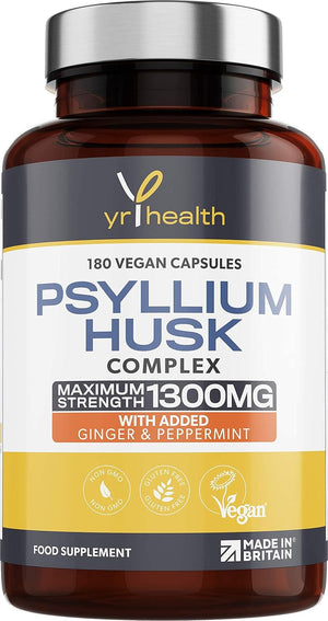 Psyllium Husks Capsules - 1300Mg Fibre Supplement - 180 Vegan Capsules with Added Peppermint & Ginger - 2 Capsules Not Tablets per Serving - Plantago Ovata Plant Seeds - Made in the UK by Yrhealth