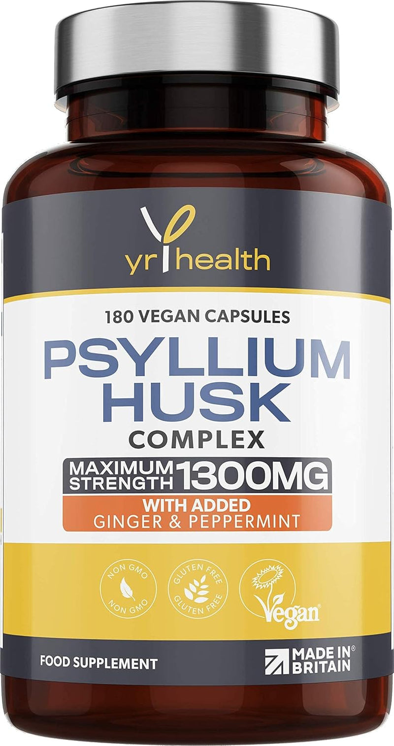 Psyllium Husks Capsules - 1300Mg Fibre Supplement - 180 Vegan Capsules with Added Peppermint & Ginger - 2 Capsules Not Tablets per Serving - Plantago Ovata Plant Seeds - Made in the UK by Yrhealth