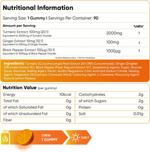 Turmeric Gummies with Black Pepper & Ginger 2100Mg - 90 Natural Lemon Flavour Vegan Turmeric Gummies (3 Months Supply) –High Strength Alternative to Turmeric & Black Pepper Capsules for Adults