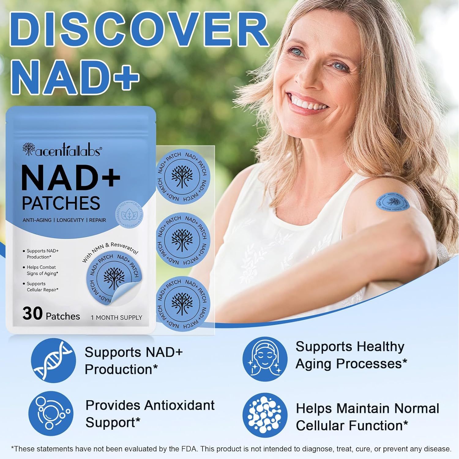 NAD Patches for Women & Men, NAD+ Patch for Energy & Healthy Aging, NAD plus Advanced Total Recovery Patches, 30 Days Supply