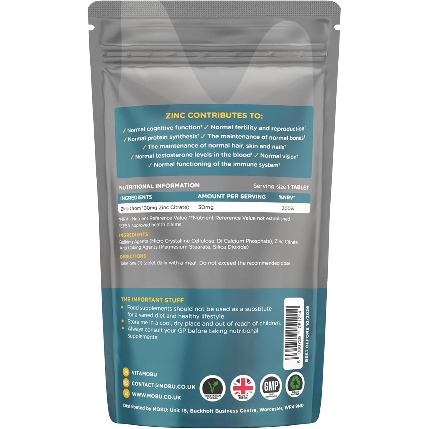 Zinc 100Mg 120 Tablets Max Strength | Immune Function, Fertility & Healthy Bones, Vision, Hair, Nails and Skin | Zinc Citrate Supplement | Vegan UK Made | GMP Approved | MOBU