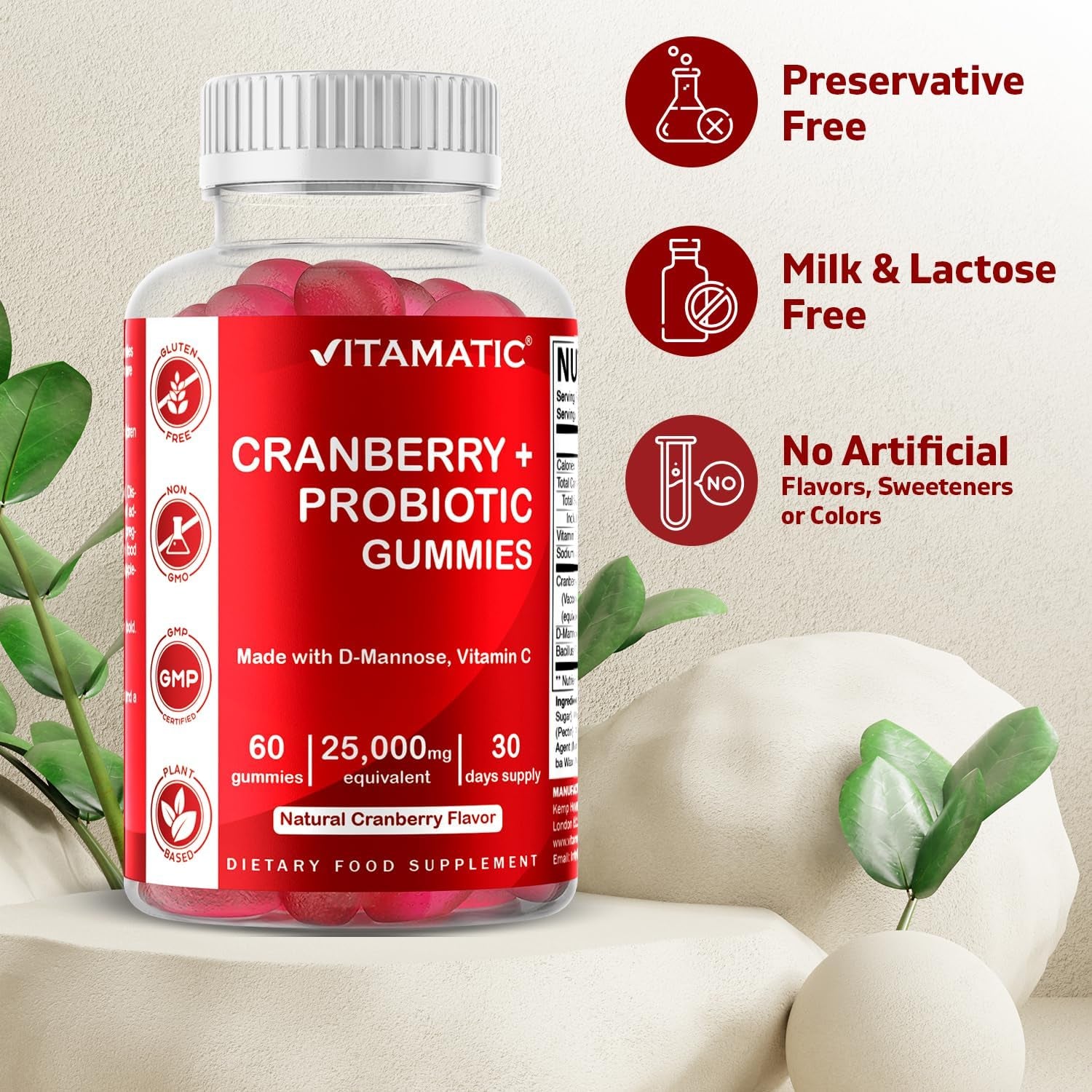 Vitamatic Vegan Cranberry Gummies with D-Mannose, Probiotic & Vitamin C for Women Urinary Tract Health - 25000 Mg Equivalent per Serving - 60 Count - (Non-Gmo, Gluten Free)