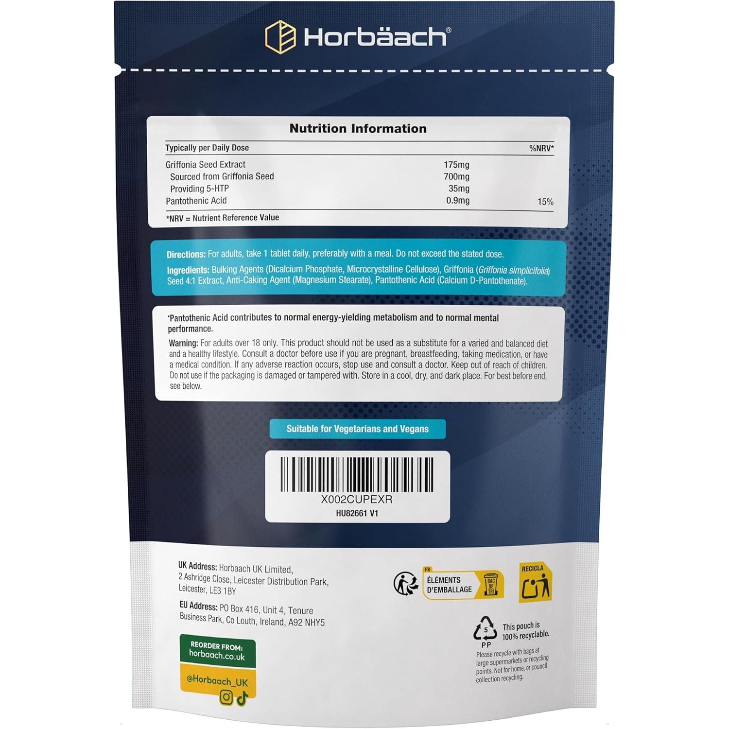 5HTP Supplement High Strength | 180 Vegan Tablets | 6 Month Supply - One a Day | from Griffonia Seed Extract | with Vitamin B5 | by Horbaach