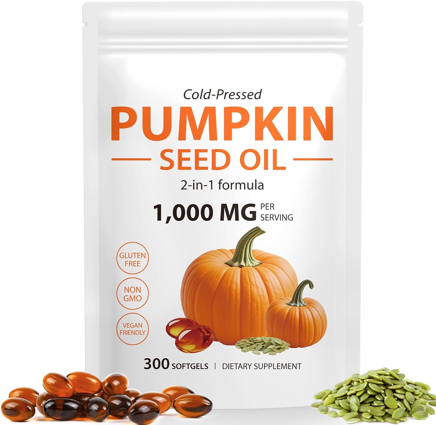 Pumpkin Seed Oil Capsules, 2-In-1 Formula for Hair Strength, Pumpkins Seed Extract Powder, 1000Mg Pure Cold-Pressed, Natural Skin & Heart Care, 300 Softgels