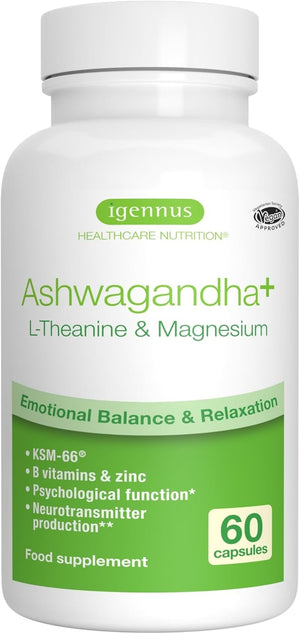 Igennus Advanced Ashwagandha KSM-66 Stress Support Complex 600Mg with L-Theanine & Magnesium, B-Vitamins & Zinc, Clean Label, Root-Only Extract 5% Withanolides, Vegan, 30 Servings