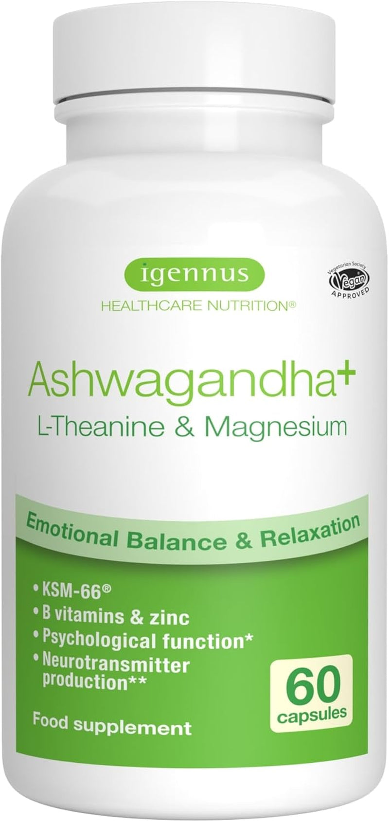Igennus Advanced Ashwagandha KSM-66 Stress Support Complex 600Mg with L-Theanine & Magnesium, B-Vitamins & Zinc, Clean Label, Root-Only Extract 5% Withanolides, Vegan, 30 Servings