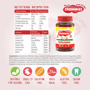 Chewwies Multivitamin Gummies | Sugar-Free Chewable Vitamin Gummies | Vegan & Vegetarian | Soft Raspberry Flavor | Halal & Gluten-Free | Essential Nutrients for Kids & Adults | Daily Health Support