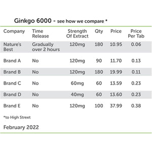 Nature'S Best Ginkgo Biloba 6000Mg - High Strength - Pure Grade Extract and Time Release Formula - UK Made - 120 Vegan Tablets (2 Months' Supply)