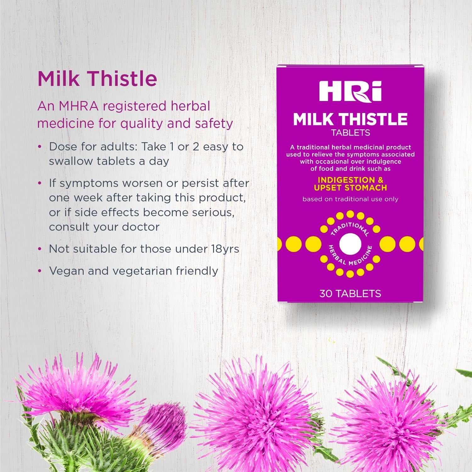 HRI Milk Thistle 30 Tablets - to Relieve Symptoms Associated with over Indulgence of Food and Drink Such as Indigestion and Upset Stomach. 300 Mg of Milk Thistle Extract. 1 Pack