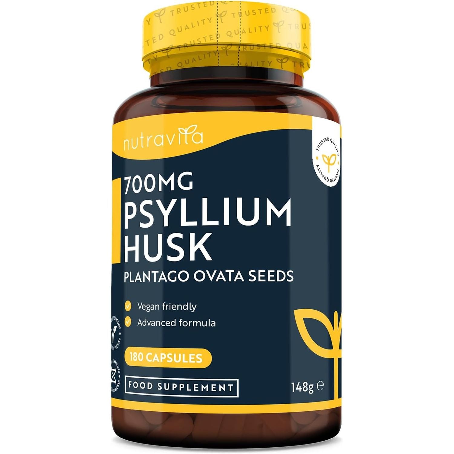 Psyllium Husks Fibre Supplement – 1400Mg per Serving – Naturally High in Soluble Fibre – 180 Vegan Capsules – Supports Daily Rhythm – 100% Pure Plantago Ovata Plant Seeds – Made in the UK by Nutravita