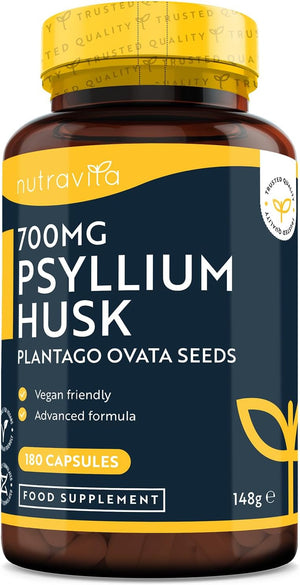 Psyllium Husks Fibre Supplement – 1400Mg per Serving – Naturally High in Soluble Fibre – 180 Vegan Capsules – Supports Daily Rhythm – 100% Pure Plantago Ovata Plant Seeds – Made in the UK by Nutravita