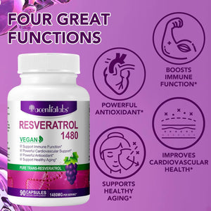 Resveratrol Supplement 1480Mg, 90 Capsules High-Potency Trans-Resveratrol Supplement for Heart, Skin, and Anti-Aging Antioxidant