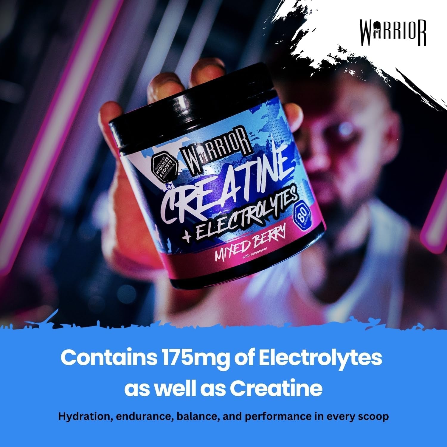 Warrior Creatine Monohydrate plus Electrolytes Powder 360G - Hydration and Performance Drink - Nutrition Shake to Promote Muscle Growth (Not Tablets, Sachet, Gummies) - 80 Servings (Mixed Berry)