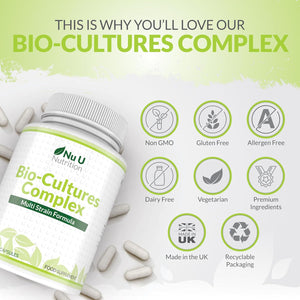 Bio-Cultures Complex - 180 High Strength Capsules - Lactobacillus Acidophilus, Rhamnosus & Bifidobacterium - 6 Month Supply - Gentle Vegetarian Multi-Strain Formula for Men & Women - Nu U Nutrition