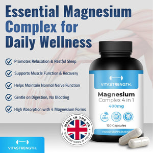 Magnesium Supplement 4 in 1 – 120 Capsules, 400Mg Daily Dose-With Magnesium Bisglycinate,Citrate,Malate & Carbonate-Essential Mineral Complex for General Well-Being & Daily Support by VITASTRENGTH.