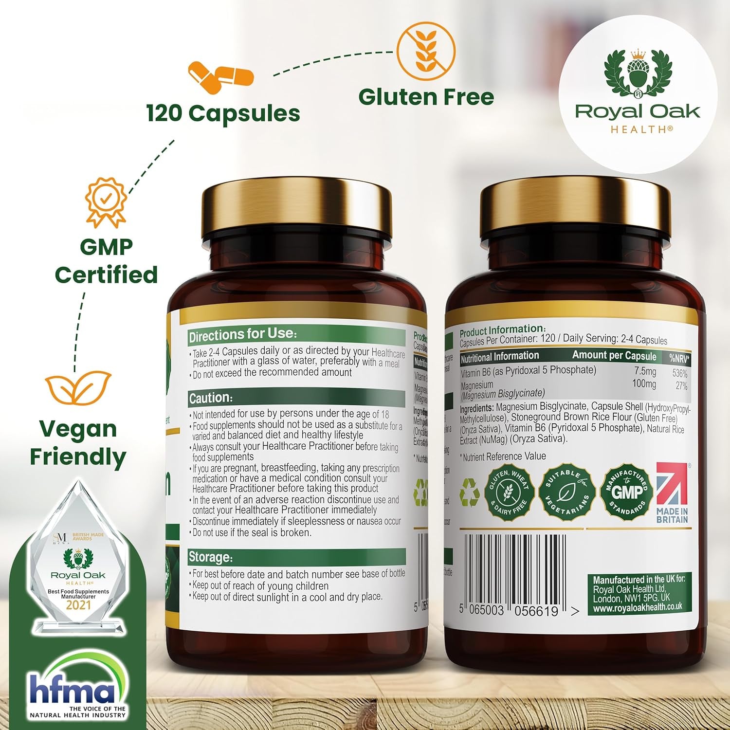 Magnesium Bisglycinate 200Mg plus P5P Vitamin B6 X120 Capsules | Advanced Chelated Formula for Optimal Absorption 200Mg of High Strength Elemental Magnesium - Vegan & UK Made by Royal Oak Health