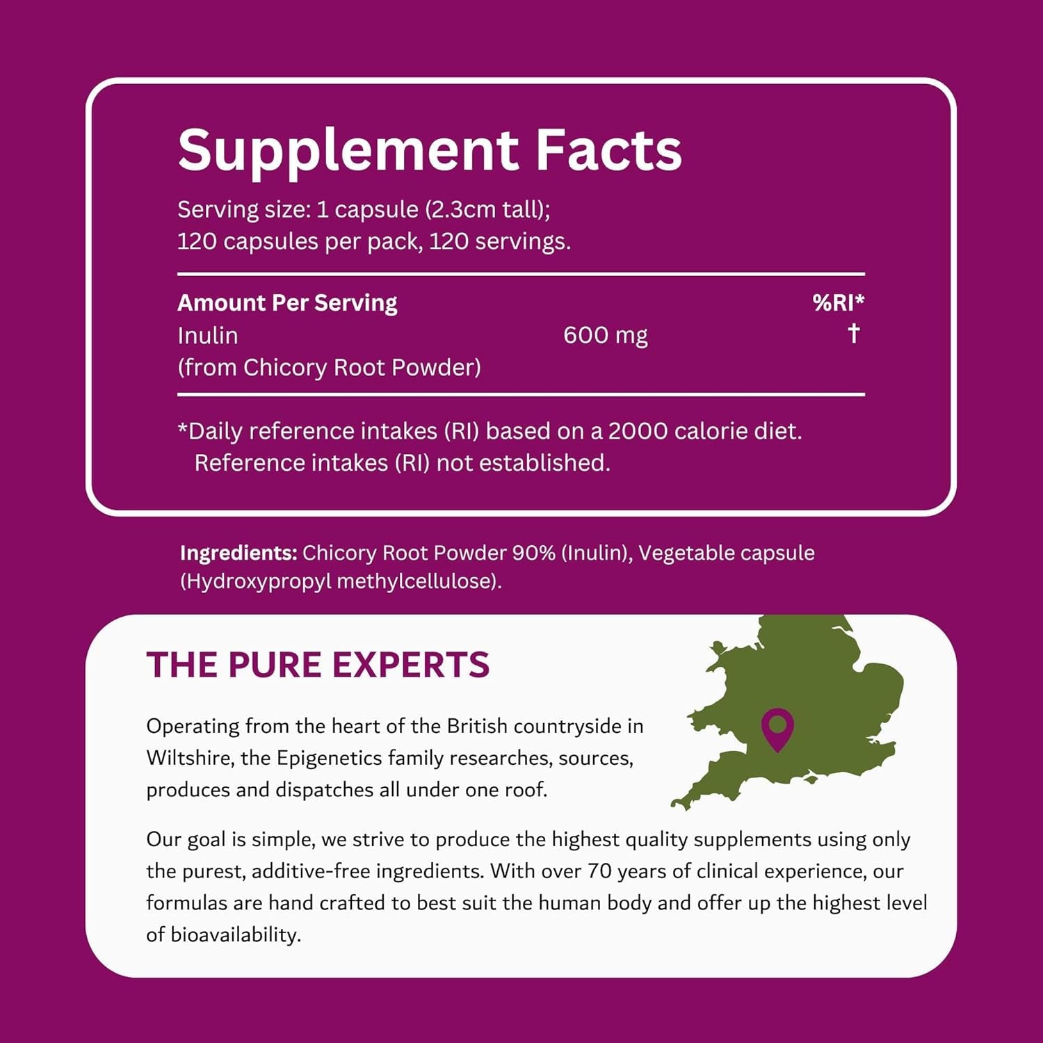 Inulin Fibre Supplement from Chicory Root | 120 Capsules | Prebiotic Gut Health Supplements | Increase Fibre Intake & Support Digestion | Vegan Friendly UK Made | 1 Capsule Daily 4 Months Supply