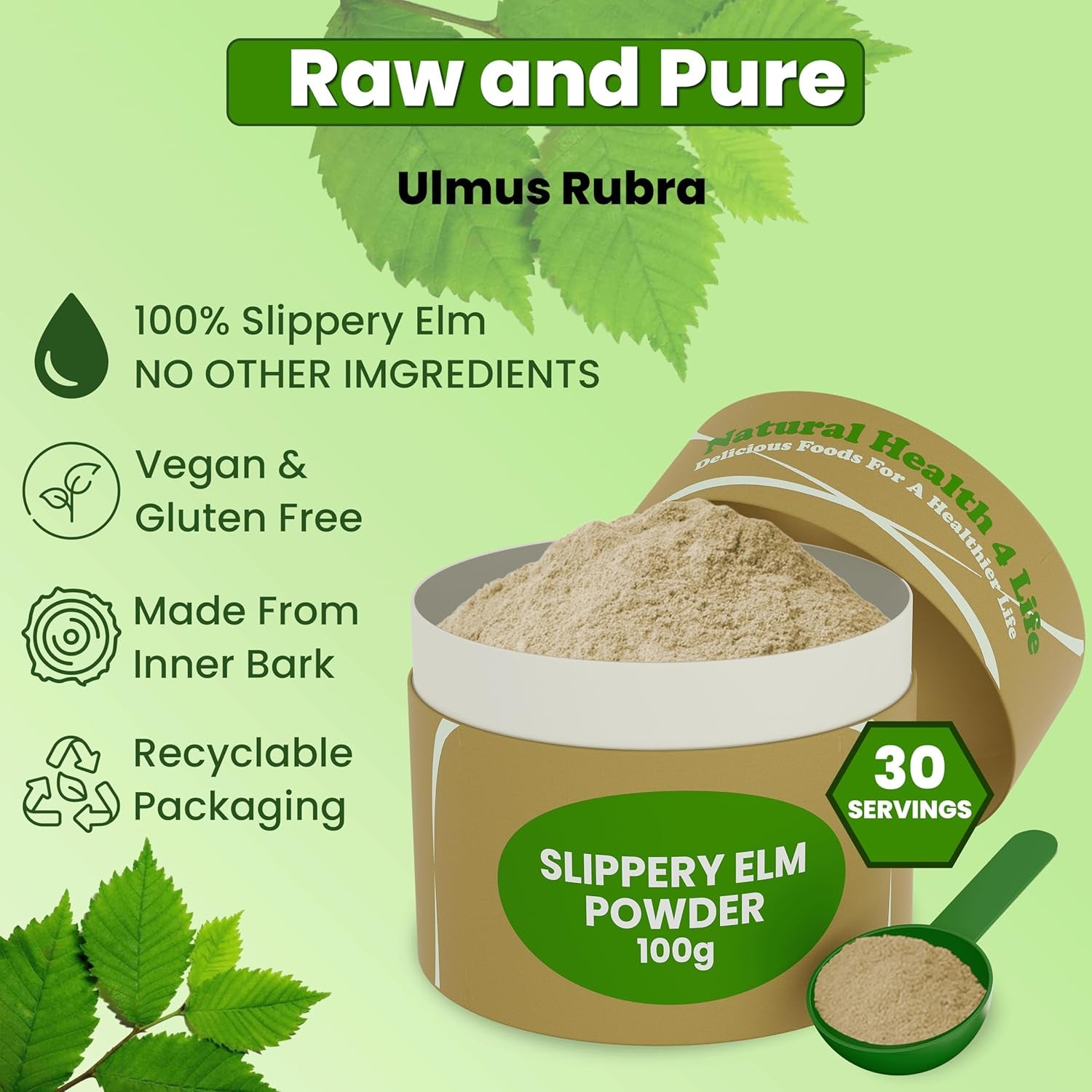 Natural Health 4 Life 100% Pure Inner Bark Slippery Elm Powder – Supports Gut Health, Gluten Free, Vegan – Natural Flavour – Suitable for All Ages – 100G Slippery Elm Powder Tub with Scoop