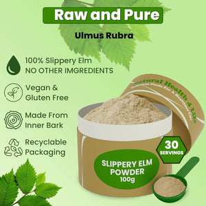 Natural Health 4 Life 100% Pure Inner Bark Slippery Elm Powder – Supports Gut Health, Gluten Free, Vegan – Natural Flavour – Suitable for All Ages – 100G Slippery Elm Powder Tub with Scoop