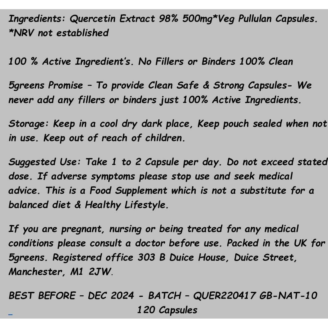 Quercetin 500Mg Capsules 98% Extract 120 Vegetarian Capsules, 100% Natural - NO Chemicals or SYNTHEIC FILLERS or Binders