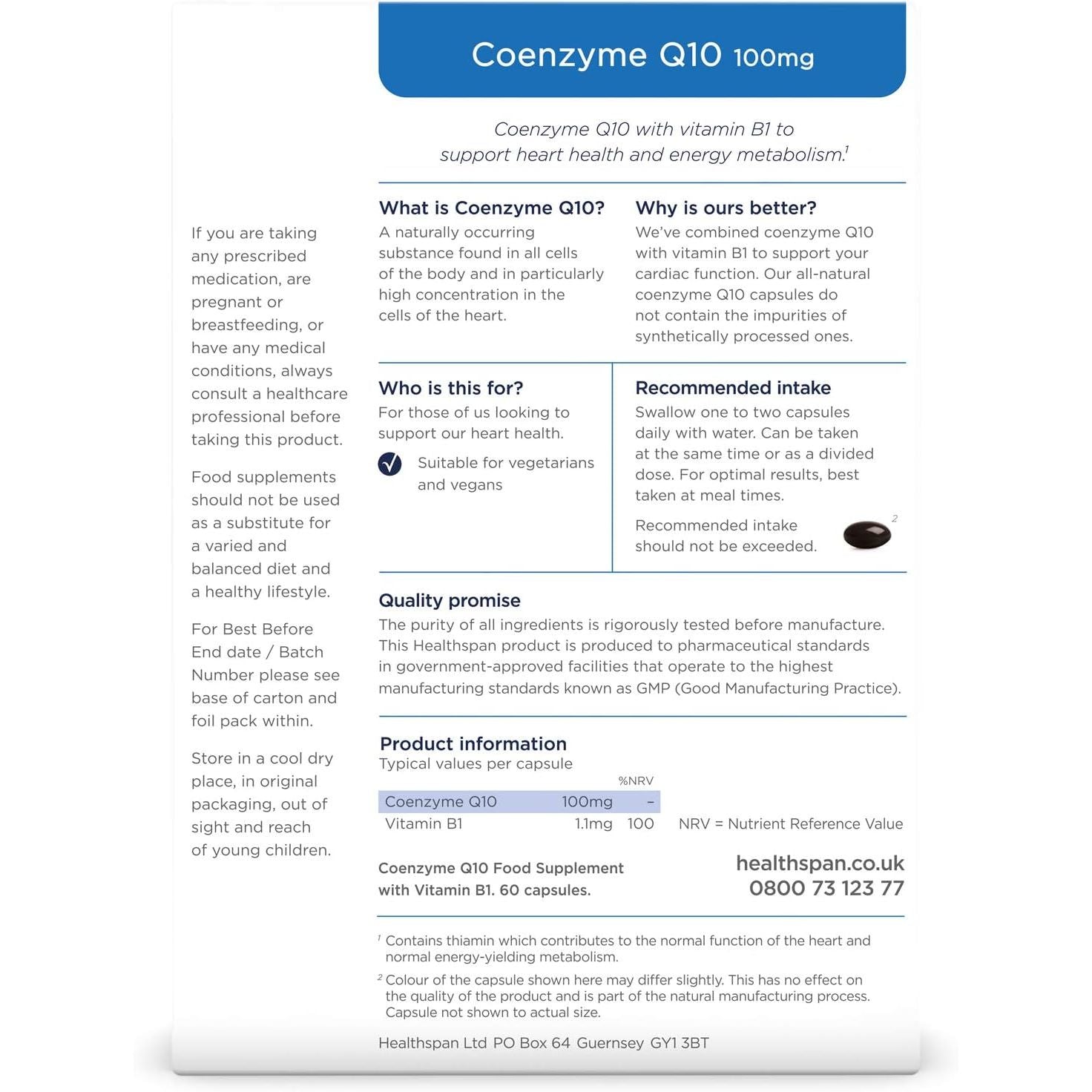 Healthspan Coenzyme Q10 100Mg | 60 Capsules | Supports Heart Health & Energy Metabolism | Added Vitamin B1 | All Natural Coq10 Fermented for Optimum Purity | Sunflower Oil Base | Vegan