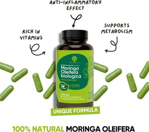 Organic Moringa Oleifera Capsules – 100% Natural Superfood | High Fibre Supplements | Supports Digestion, Metabolism & Immune System | 90 Moringa Capsules Made in Italy - Redmoringa