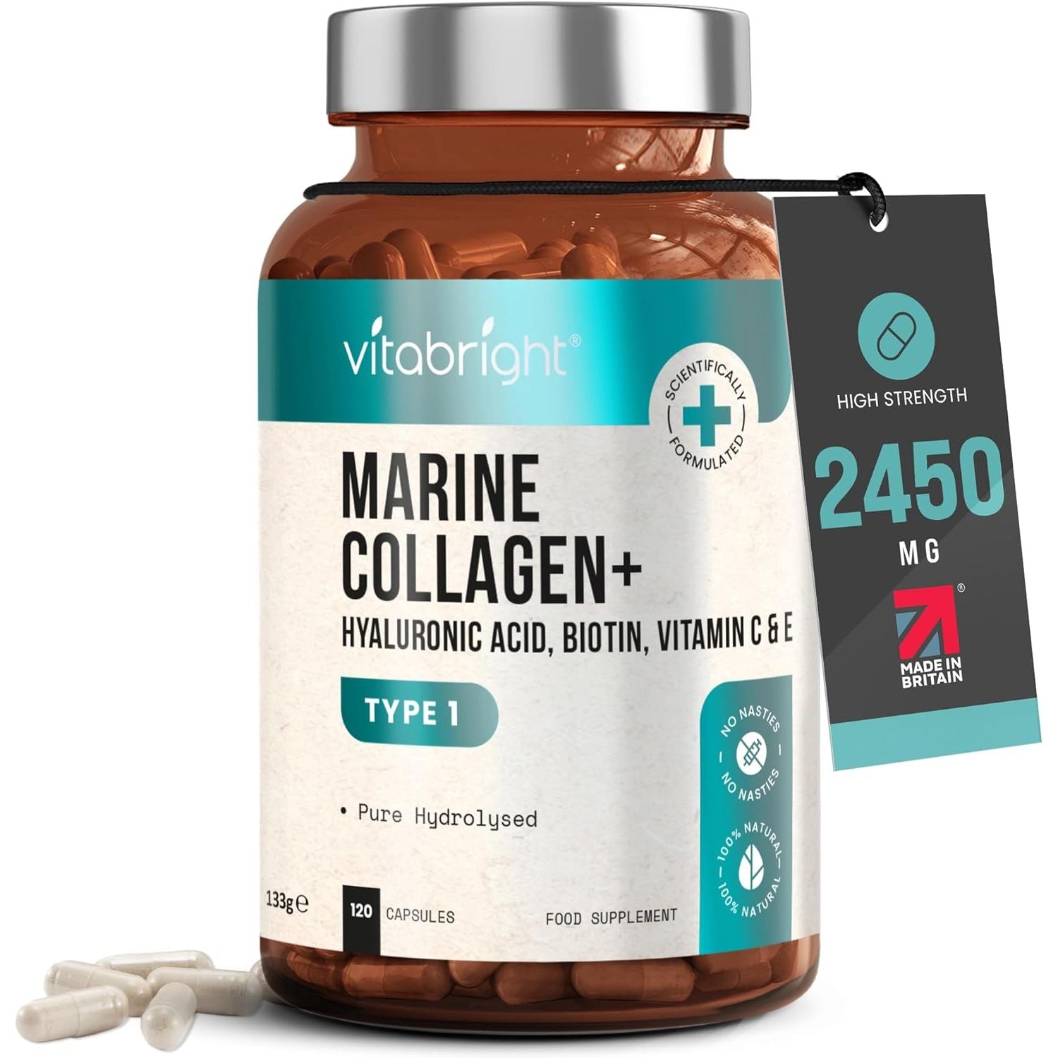 Marine Collagen Supplements for Women 2450Mg Complex | 120 Hydrolyzed Marine Collagen Capsules with Hyaluronic Acid | Skin Supplements for Women | High Strength Collegen Peptides Tablets | Vitabright