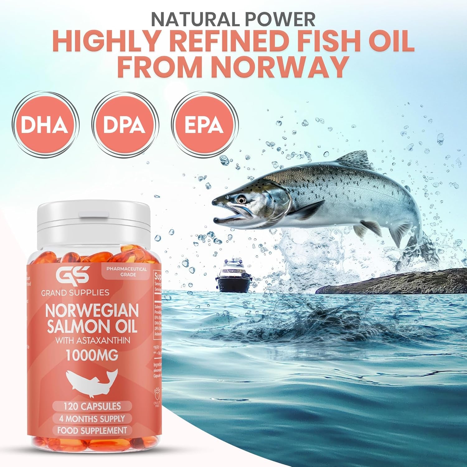 Norwegian Salmon Oil with Astaxanthin 1000Mg - 4 Months / 120 Days Supply - Pink Peptide Omega 3 6 9 Capsules High Strength - Rich in EPA, DHA & DPA, Burpless Taste