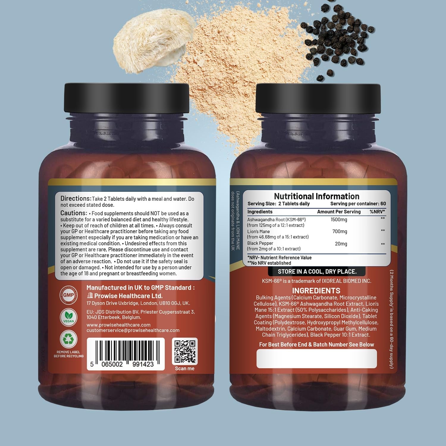 KSM-66 Ashwagandha and Lions Mane Tablets - High Strength 2200Mg | KSM-66 Ashwagandha Root Extract and Lions Mane Mushroom Extract - 120 Vegan Tablets with Black Pepper - UK Made by Prowise