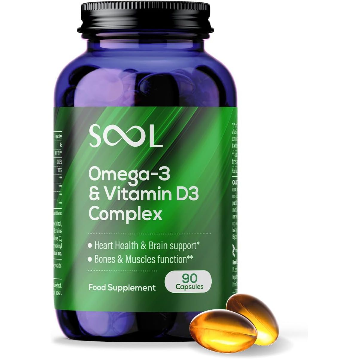 SOOL Omega-3 & Vitamin D3 Complex Soft Gels, 90 Capsules I 20% EPA & 50% DHA I Two-A-Day Omega-3 Supplement I Vitamin D3 2000IU per Serving I High Absorption Formula I Brain Function & Mental Clarity