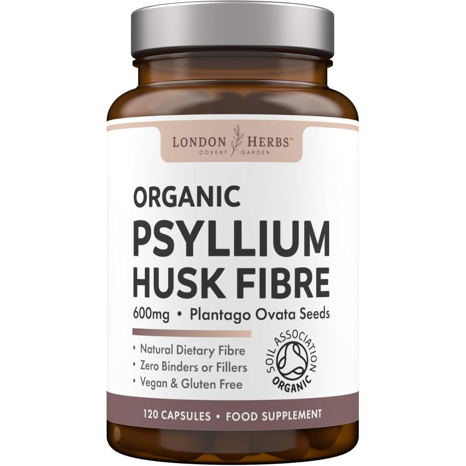London Herbs Organic Psyllium Husk Capsules 1200Mg | High Strength Psyllium Husk Fibre Supplement | 120 Vegan Capsules | Daily Soluble Fibre Supplement