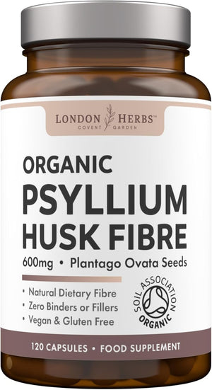 London Herbs Organic Psyllium Husk Capsules 1200Mg | High Strength Psyllium Husk Fibre Supplement | 120 Vegan Capsules | Daily Soluble Fibre Supplement
