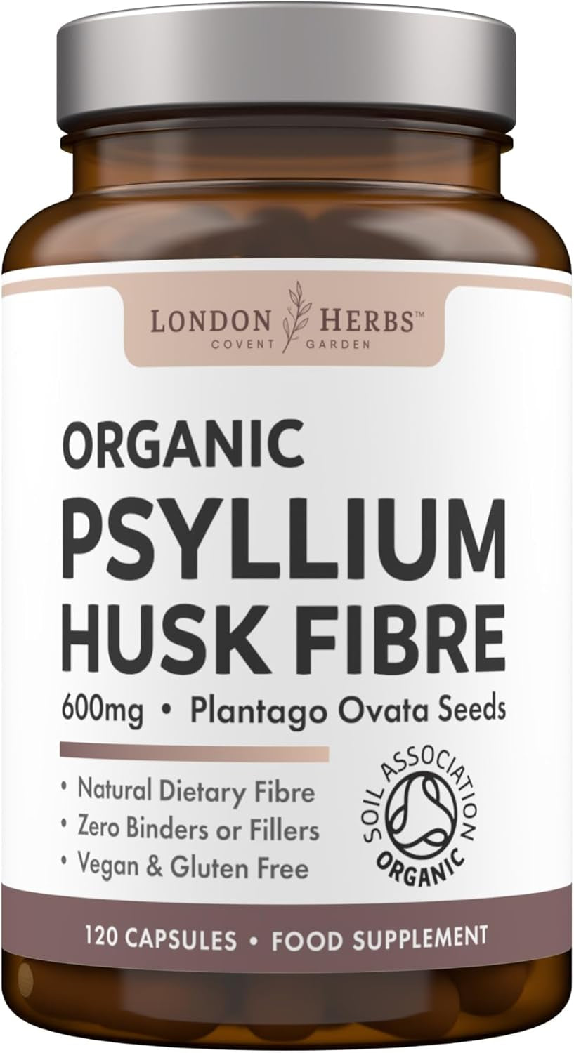 London Herbs Organic Psyllium Husk Capsules 1200Mg | High Strength Psyllium Husk Fibre Supplement | 120 Vegan Capsules | Daily Soluble Fibre Supplement