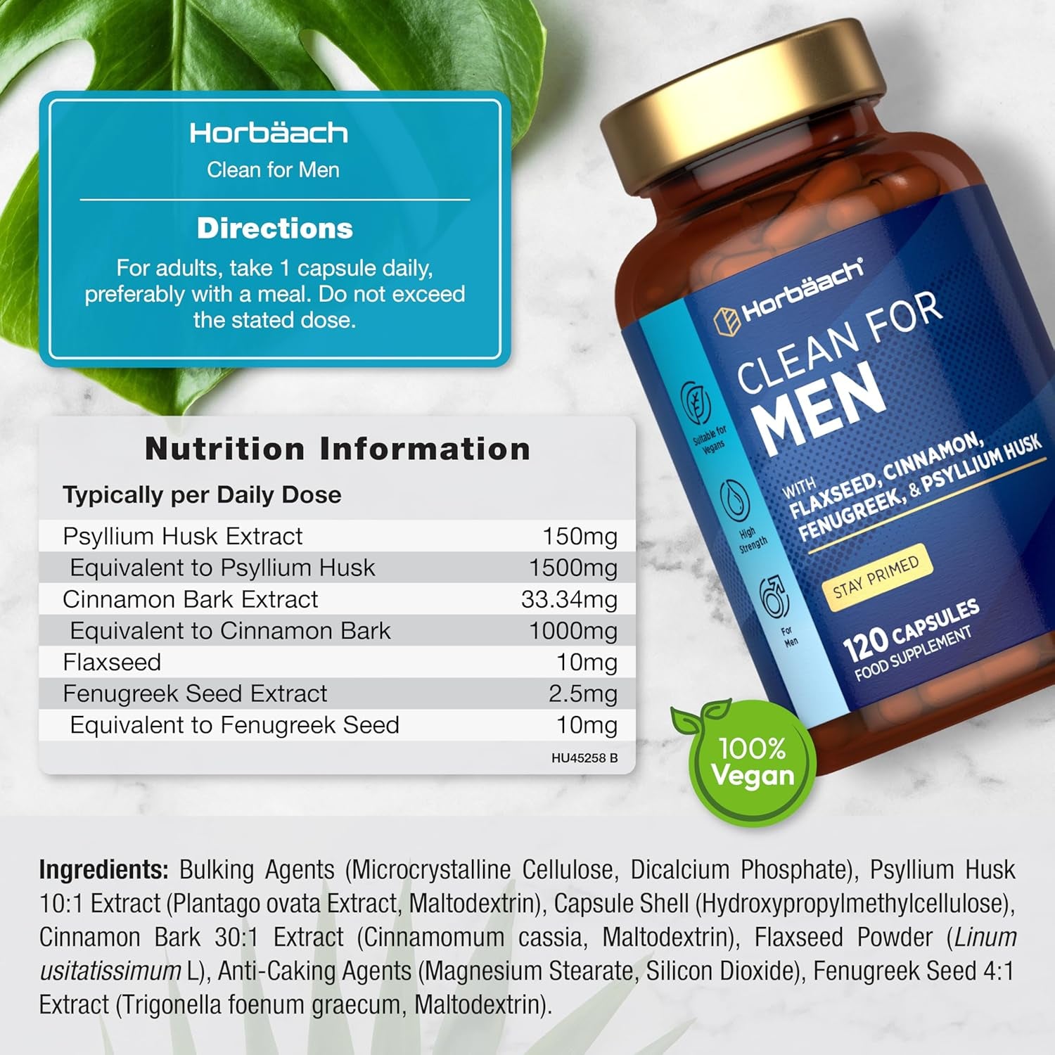 Fibre Supplement for Men | Cleanliness | Psyllium Husk Complex with Cinnamon, Flaxseed and Fenugreek Seed | 120 Vegan Capsules | by Horbaach