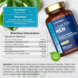Fibre Supplement for Men | Cleanliness | Psyllium Husk Complex with Cinnamon, Flaxseed and Fenugreek Seed | 120 Vegan Capsules | by Horbaach