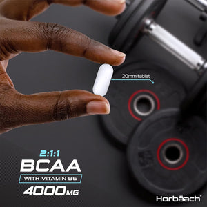 BCAA Tablets 4000Mg | 365 Vegan Tablets | Essential Amino Acid Supplement with Vitamin B6 | 2:1:1 Ratio | BCAA Powder and Capsules Alternative Pre Workout | by Horbaach