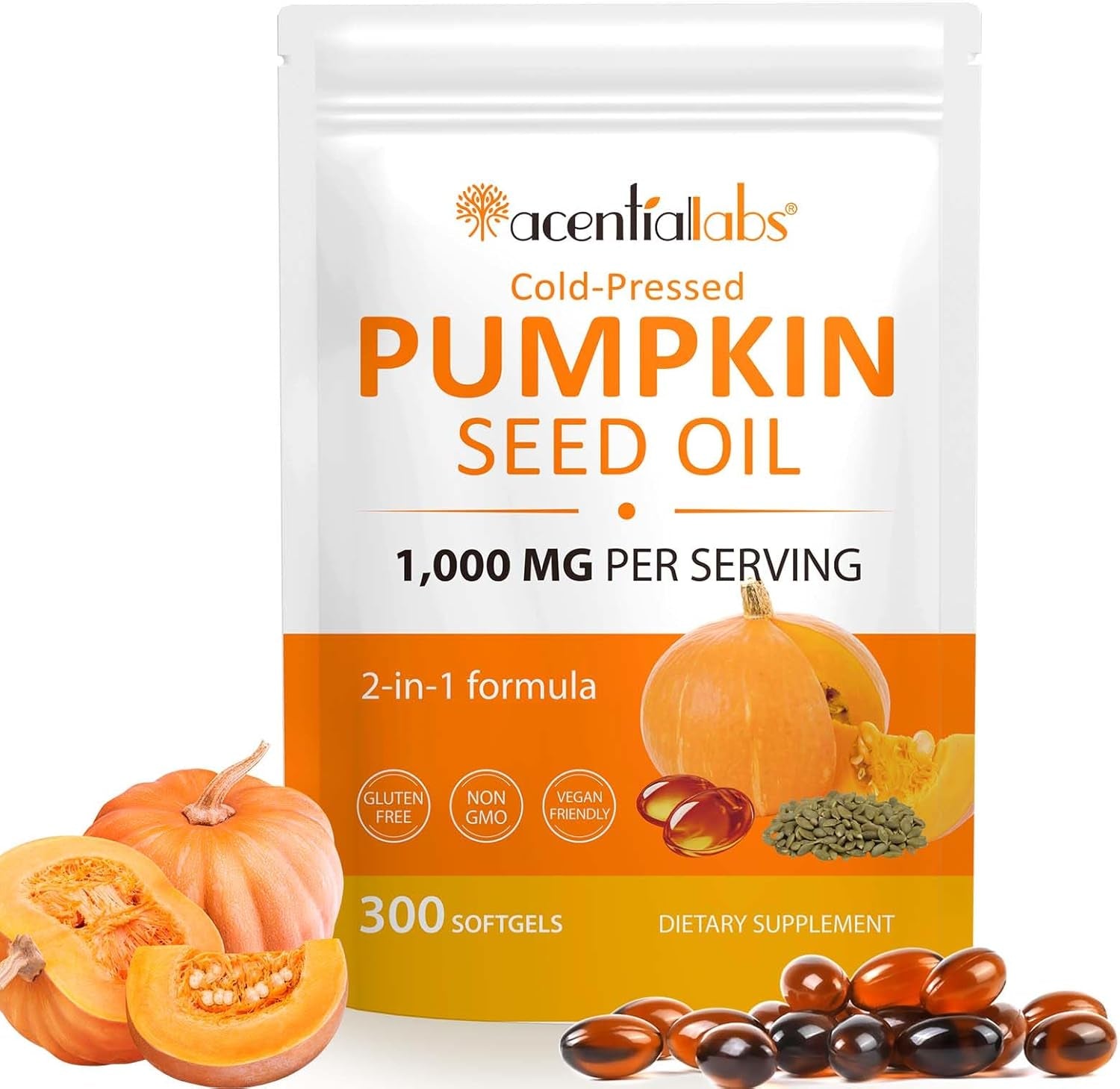 Pumpkin Seed Oil Capsules, Pumpkin Seed Oil Capsules Cold-Pressed 1,000 Mg per Serving, Supports Prostate Function, Hair Health, Rich in Essential Fatty Acids & Zin