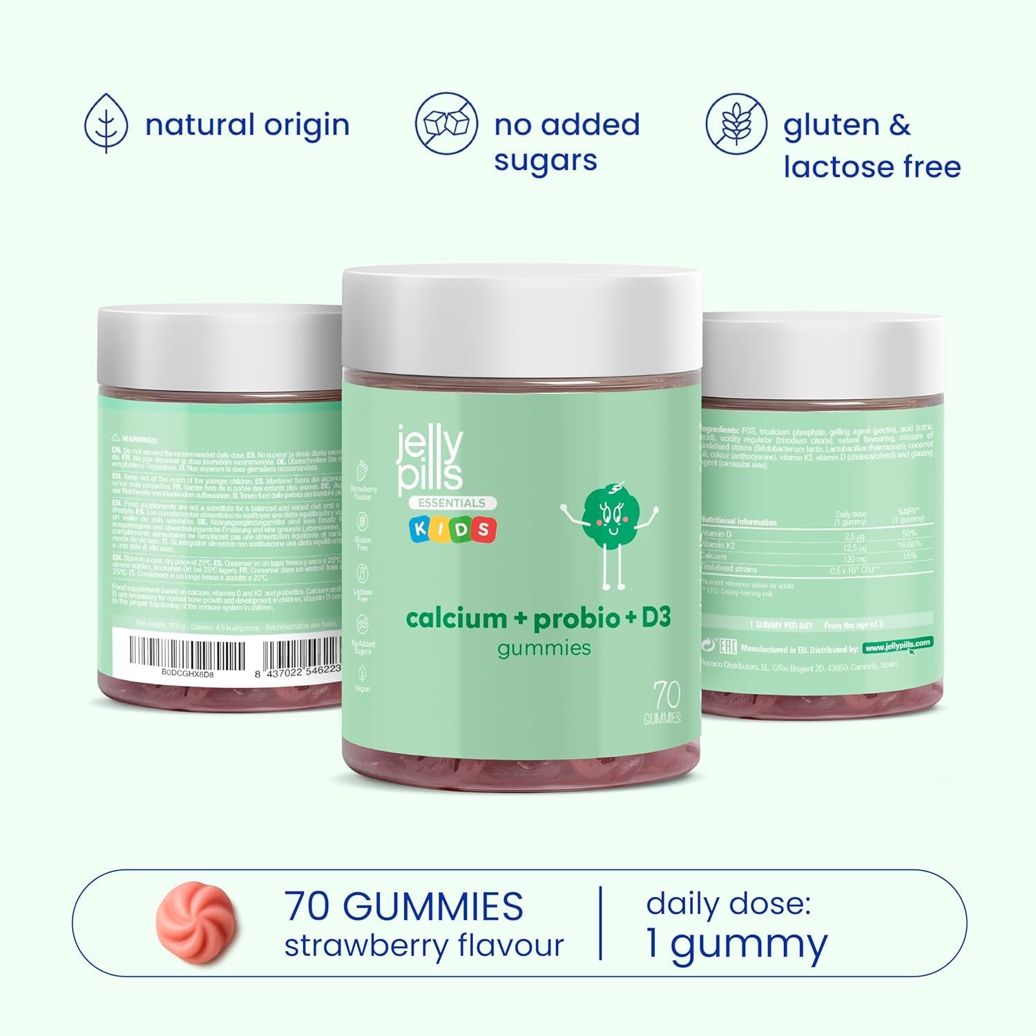 Jelly Pills Calcium for Kids + Probiotics & Vitamins D3 and K2-70 Vegan Gummies - No Added Sugars - Strawberry Flavor - Bone & Teeth Support