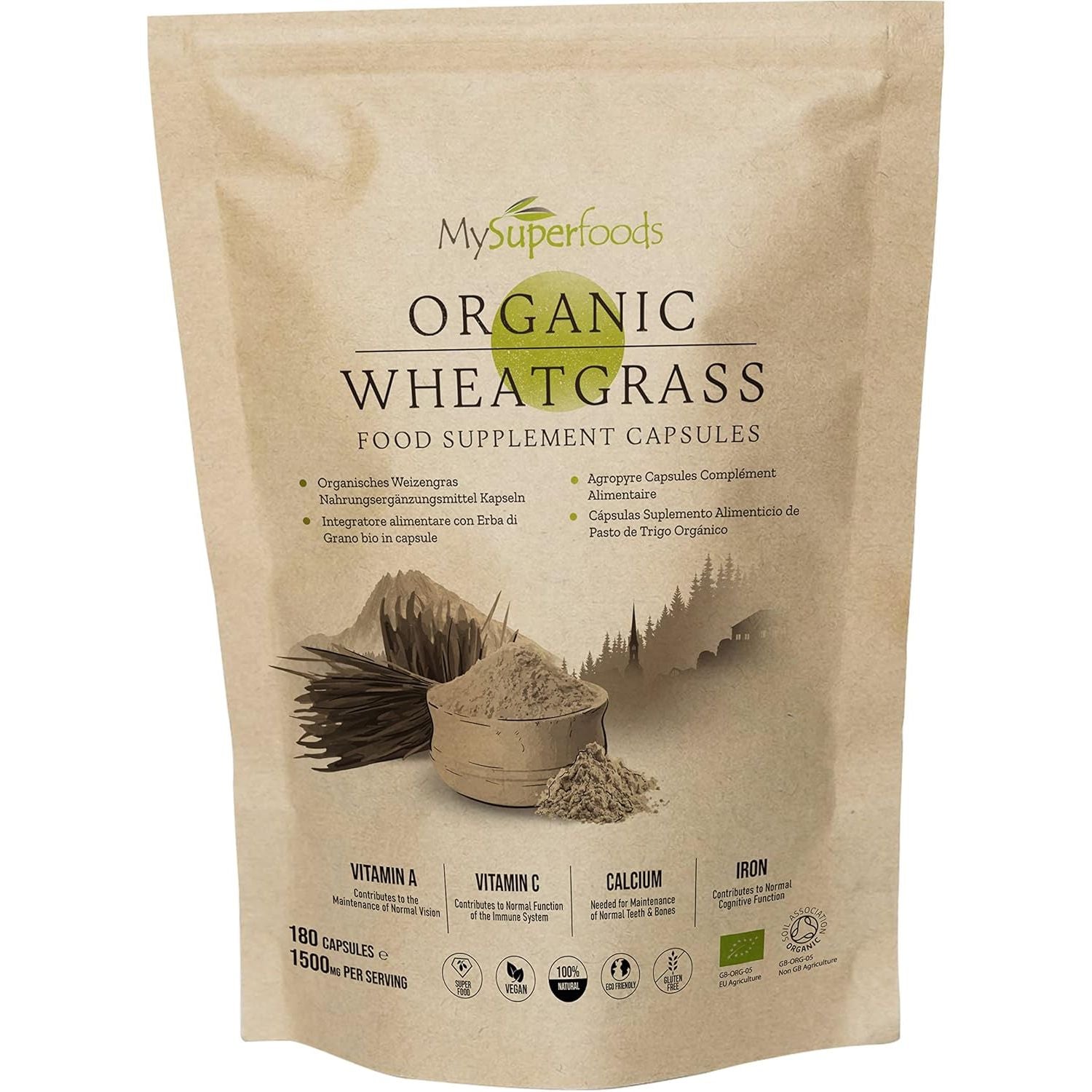 Wheatgrass Capsules | Organic | 1500Mg per Serving | 180 Capsules | High Chlorophyll Content | Mysuperfoods