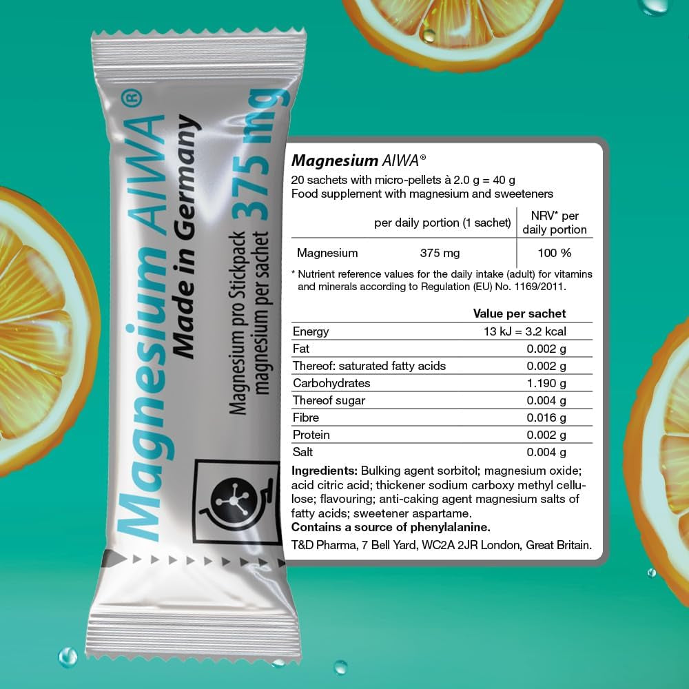 T&D Magnesium AIWA 375 Mg, No Water 20 Stickpack, Easy to Use, Orange Flavour with Micro-Pellets