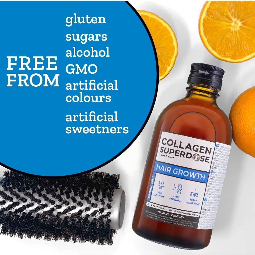 COLLAGEN SUPERDOSE by GOLD COLLAGEN Hair Growth - Biotin Hair Growth Marine Collagen Supplements for Women & Men with Vitamin C, Hyaluronic Acid and Natural Keratin Hair Treatment, Skin, Nails, 300 Ml