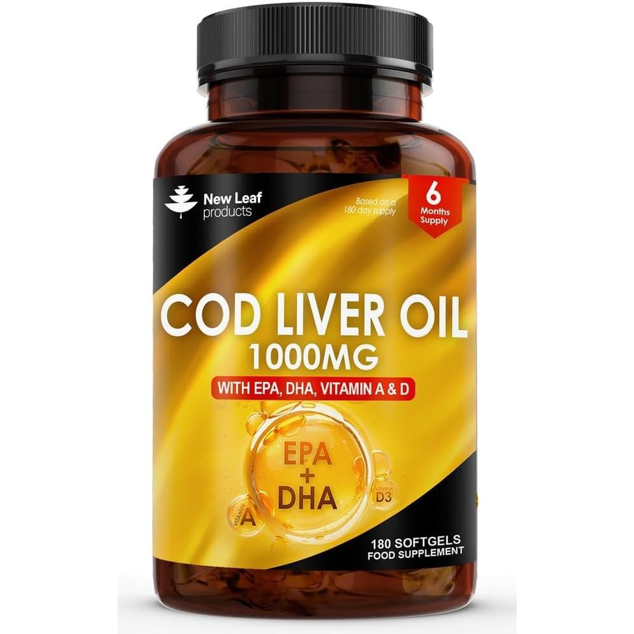 Cod Liver Oil Softgels 1000Mg - 180 Cod Liver Soft Gels High Strength Softgels- Cod Liver Oil Rich in Omega 3 EPA DHA Fatty Acids + Vitamins a & D, High Strength Fish Oil - UK Made, by New Leaf