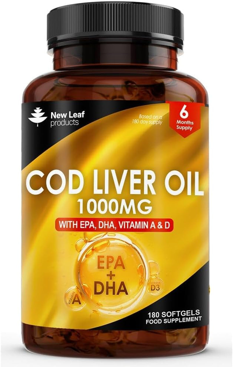 Cod Liver Oil Softgels 1000Mg - 180 Cod Liver Soft Gels High Strength Softgels- Cod Liver Oil Rich in Omega 3 EPA DHA Fatty Acids + Vitamins a & D, High Strength Fish Oil - UK Made, by New Leaf