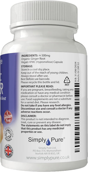 Simply Pure Organic Ginger for Digestive Health & Inflammation | 500 Mg X 90 Capsules | 100% Pure Soil Association Certified | Gluten Free | GM Free | Vegan