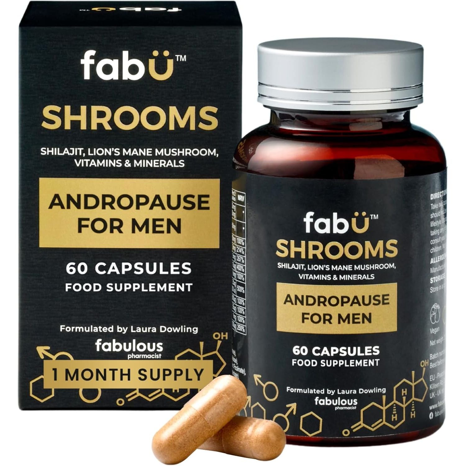 Fabü Shrooms Andropause - Natural Shilajit & Lion'S Mane Supplement for Men - Complete Multivitamin with Zinc, B12 & Minerals for Energy, Cognition & Testosterone Support - 60 Capsules